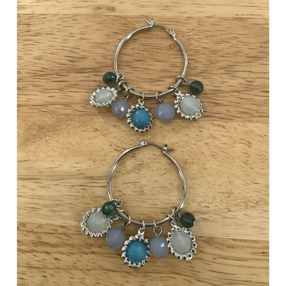 Multiple Color Stones Dangle Hoop Boho Beaded Fashion Statement Earrings NEW - Picture 1 of 6